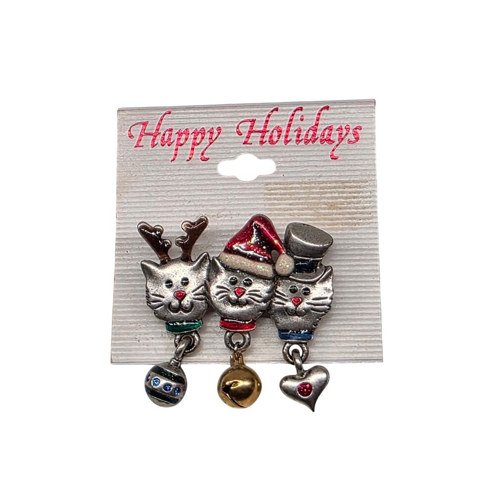 Vintage Happy Holidays Christmas Cat Trio Pin Brooch Mervyn's NOS